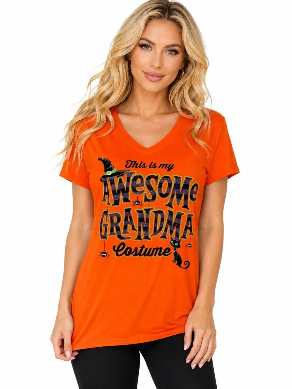 Women’s XL Halloween Awesome Grandma Costume Graphic V-Neck Orange Tee